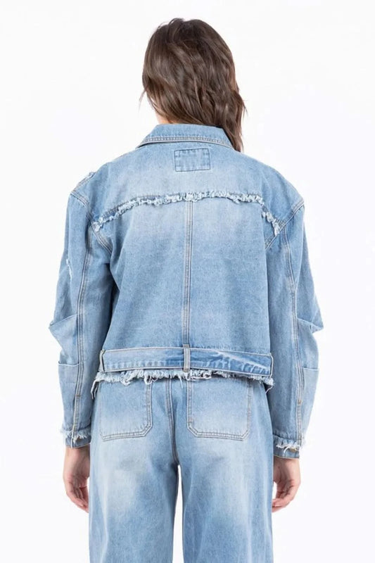 American Bazi Full Size Distressed Frayed Edge Zip Up Denim Jacket Plus Size in - photo