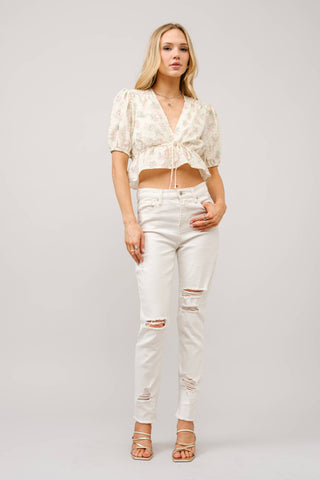 Petticoat Puff Sleeve Tie Front Peplum Top in - photo