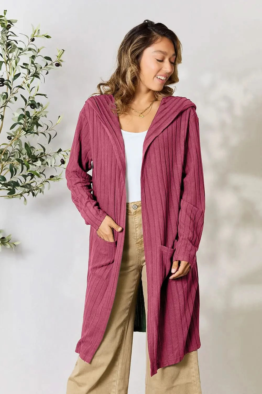 Basic Bae Full Size Hooded Sweater Cardigan in Pink - photo