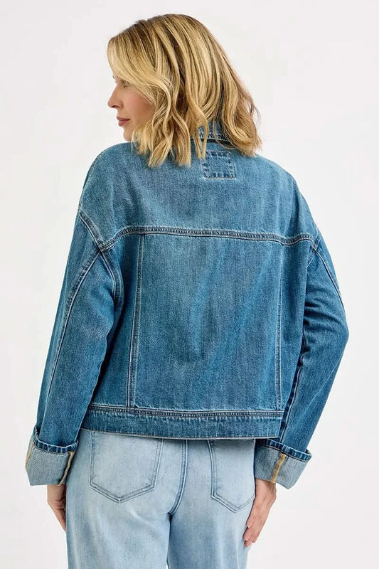 RISEN Oversized Cargo Pocket Denim Jacket with Cuffed Sleeves in - photo