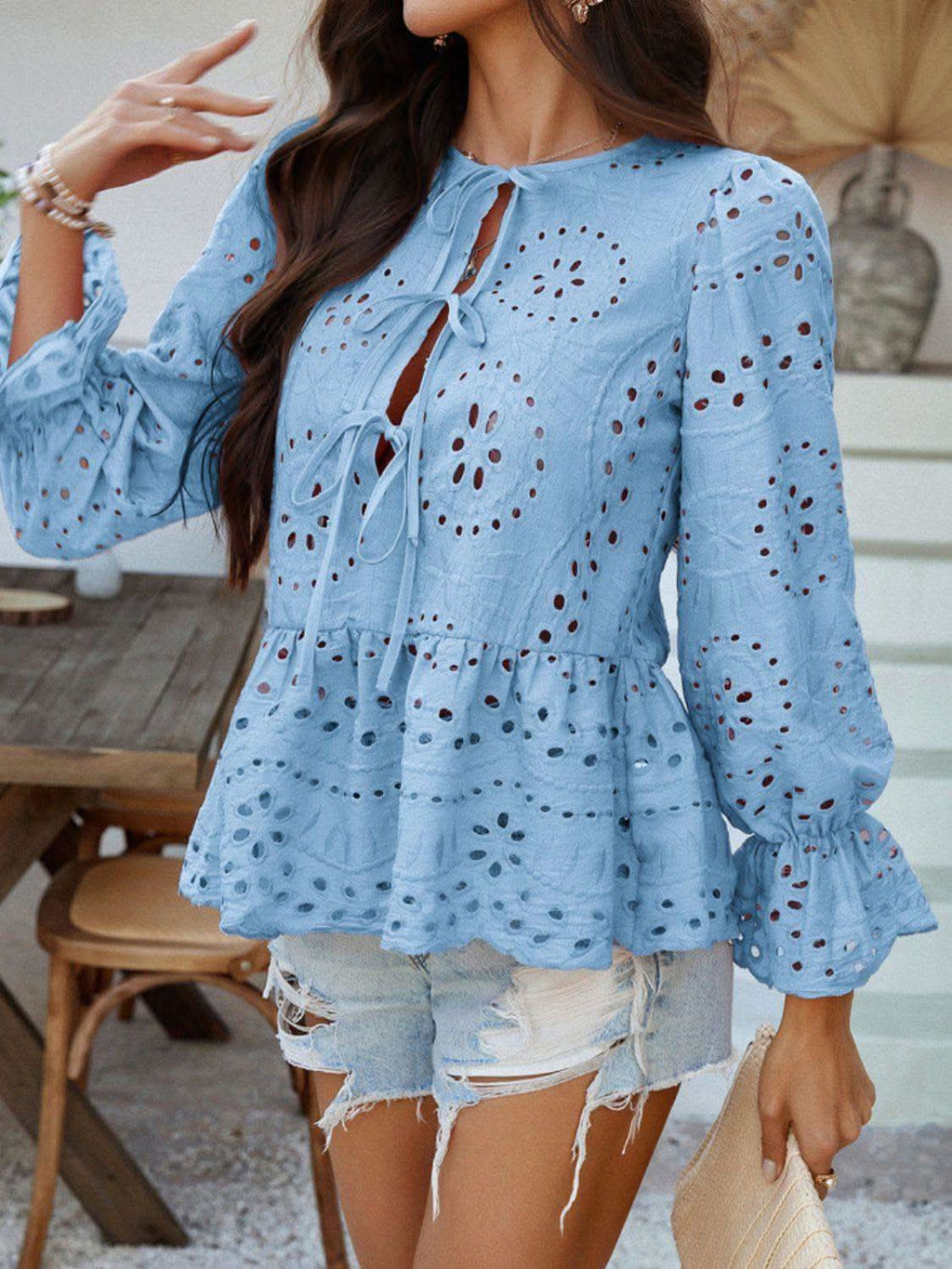 Devine Tie Front Flounce Sleeve Peplum Blouse - SwagglyLife Home & Fashion