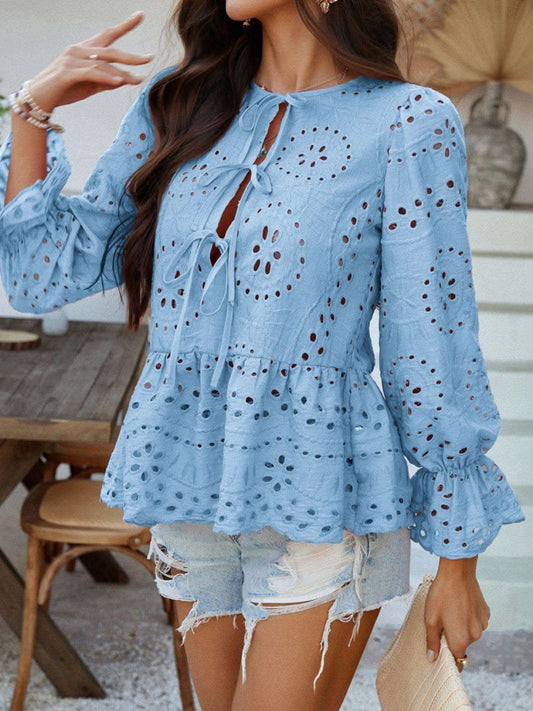 Devine Tie Front Flounce Sleeve Peplum Blouse in - Blouses photo