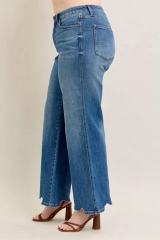 Judy Blue Full Size High Waist Tummy Control Chew Hem Destroy Wide Jeans Plus Size in - photo