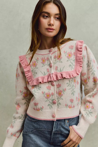 SO ME Flower With Ruffle Detailing Sweater Cardigan in - photo