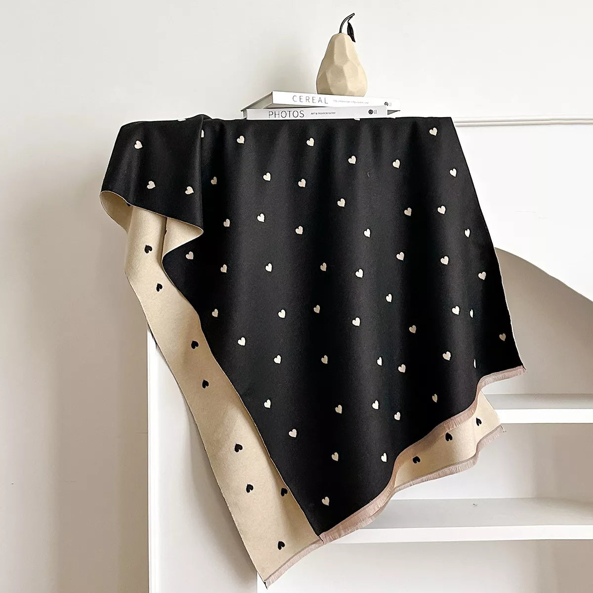 Heart-Patterned Raw Hem Winter Scarf in - photo