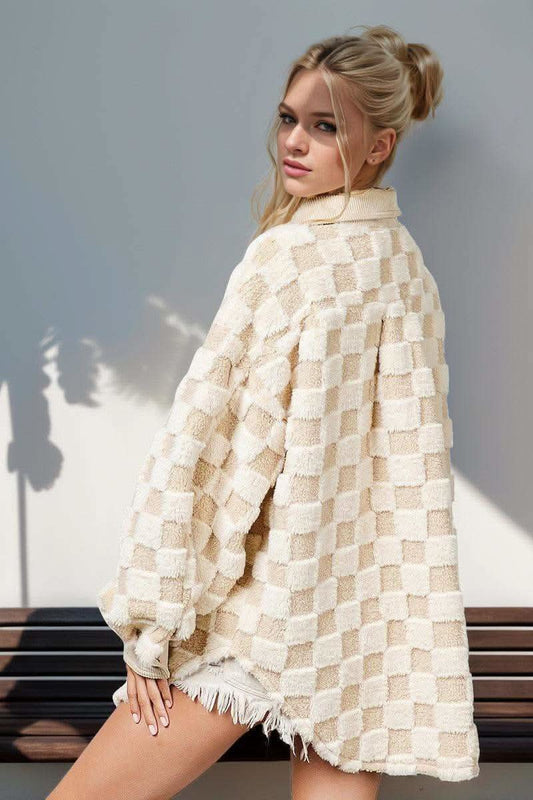 Double Take Button Up Fuzzy Checkered Shacket in - Shackets photo