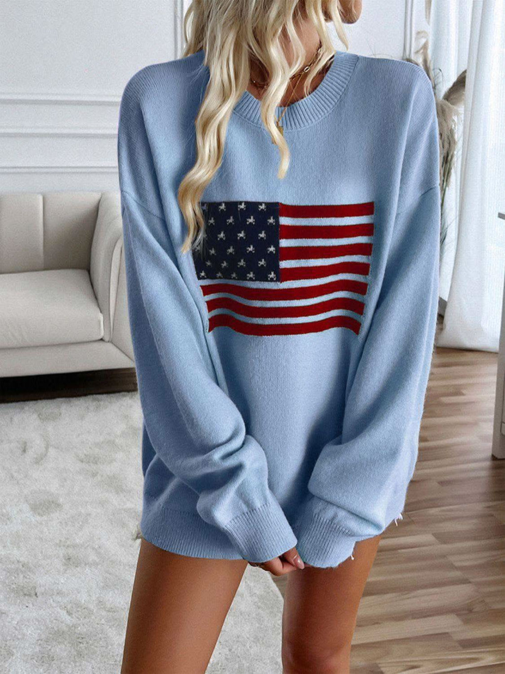 Devine US Flag Round Neck Long Sleeve Knit Top - SwagglyLife Home & Fashion