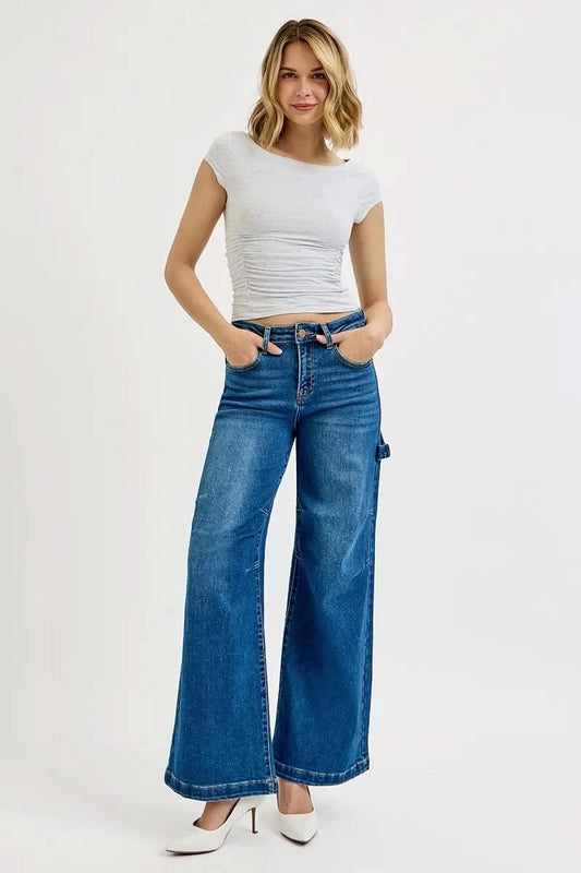 RISEN Full Size High Rise Wide Leg Patch Detailed Jeans Plus Size in - photo