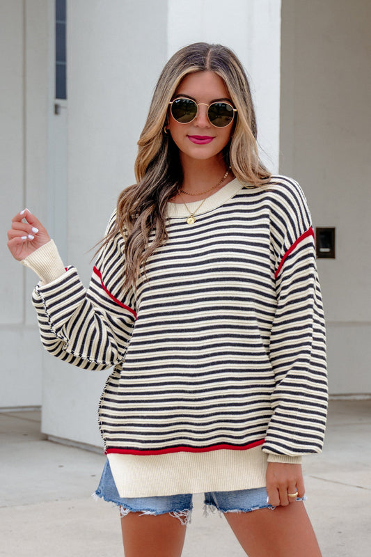 Hazel Drop Shoulder Oversized Sweater - Black Stripe