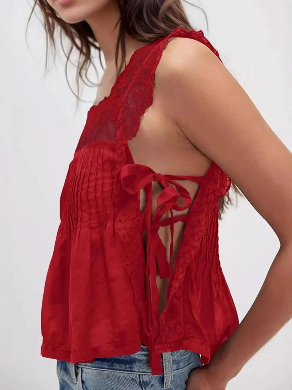 Lace-Trimmed Eyelet Square Neck Top - SwagglyLife Home & Fashion