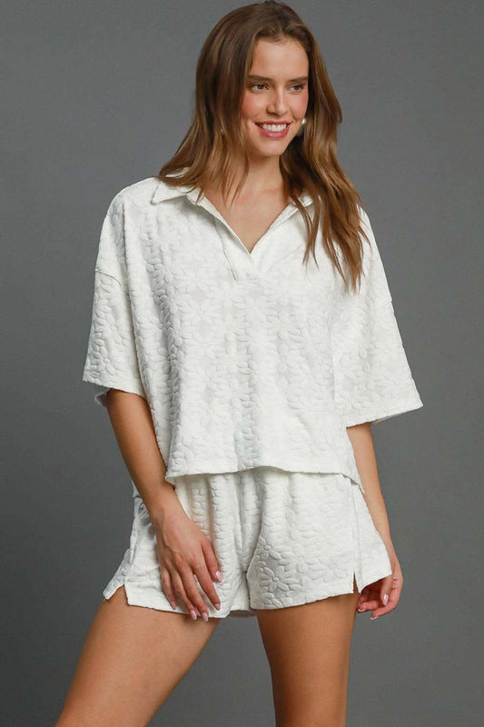 Umgee Floral Elastic Waist Jacquard Shorts with Pockets in - photo