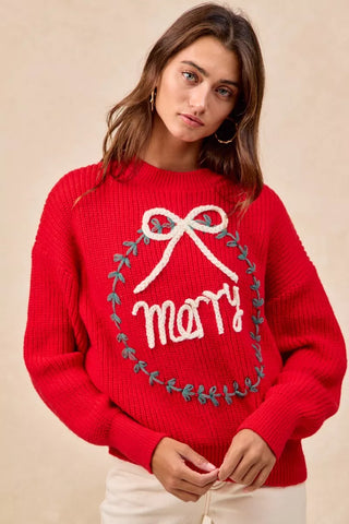 BiBi Christmas Wreath Merry Letter Knit Top in - photo