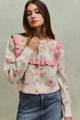 SO ME Flower With Ruffle Detailing Sweater Cardigan in - photo