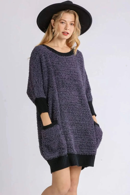 Umgee Full Size Ribbed Hem Round Neck 3/4 Sleeve Sweater Dress with Pockets Plus Size in - photo