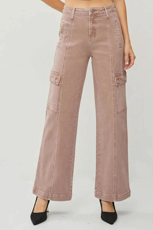 RISEN Full Size High Rise Wide Leg Cargo Jeans in Mauve - photo