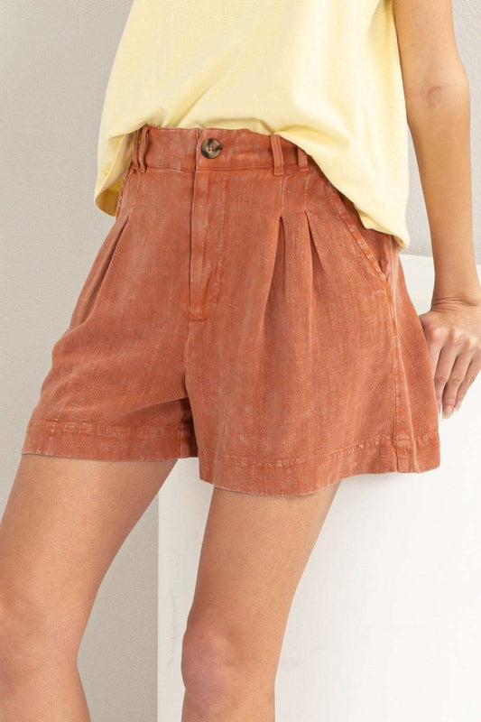 HYFVE High Waist Pleated Linen Shorts in Baked Clay - photo
