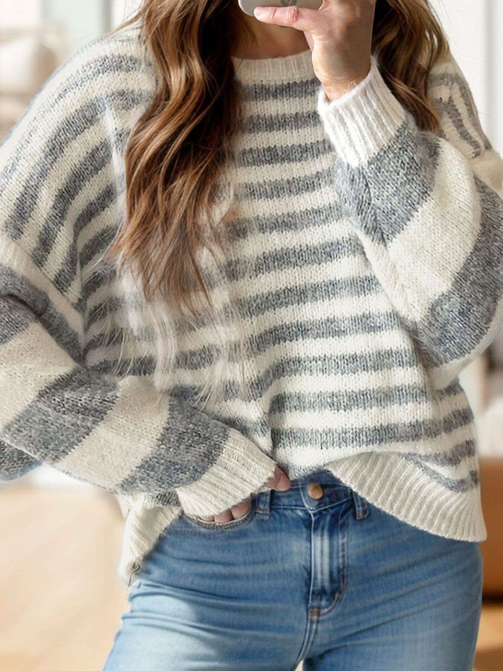 Striped Round Neck Dropped Shoulder Sweater - SwagglyLife Home & Fashion