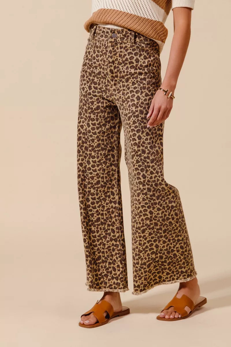 SO ME Mid Rise Leopard Twill Frayed Hem Wide Leg Pants - SwagglyLife Home & Fashion