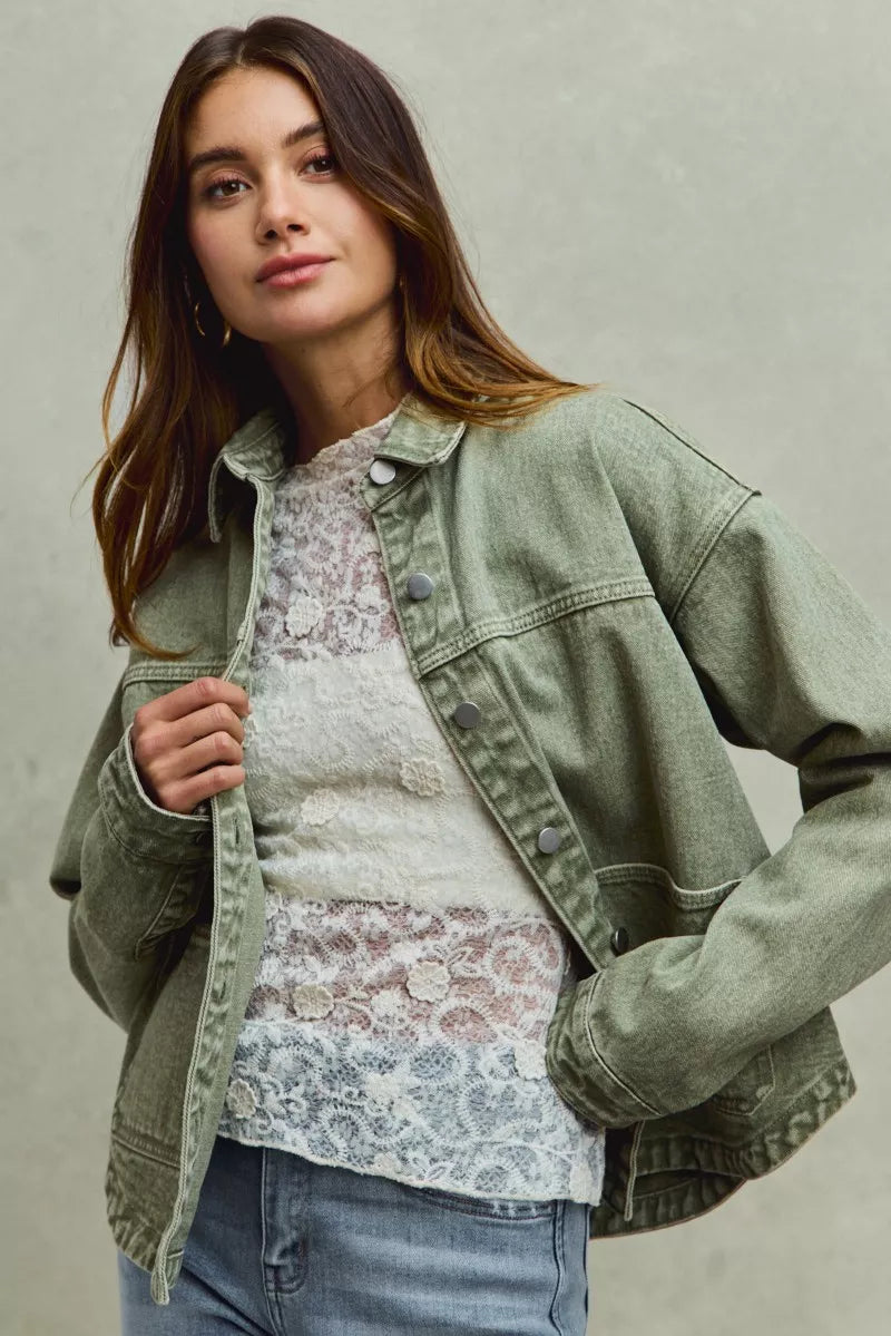 SO ME Vintage Washed Button Twill Shacket in - photo