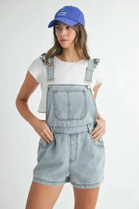 MABLE Square Neck Ruffle Shoulder Denim Overall Romper in - photo