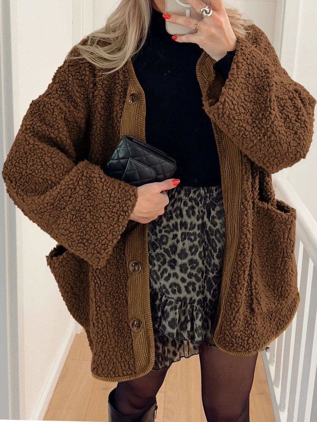 Contrast Button Up Sherpa Jacket with Pockets - SwagglyLife Home & Fashion