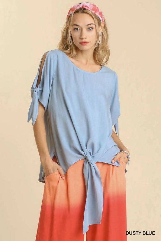 Umgee Cold Shoulder Short Sleeve Round Neck Top with Side Slits and Tie-able Knot Details in DUSTY BLUE - photo