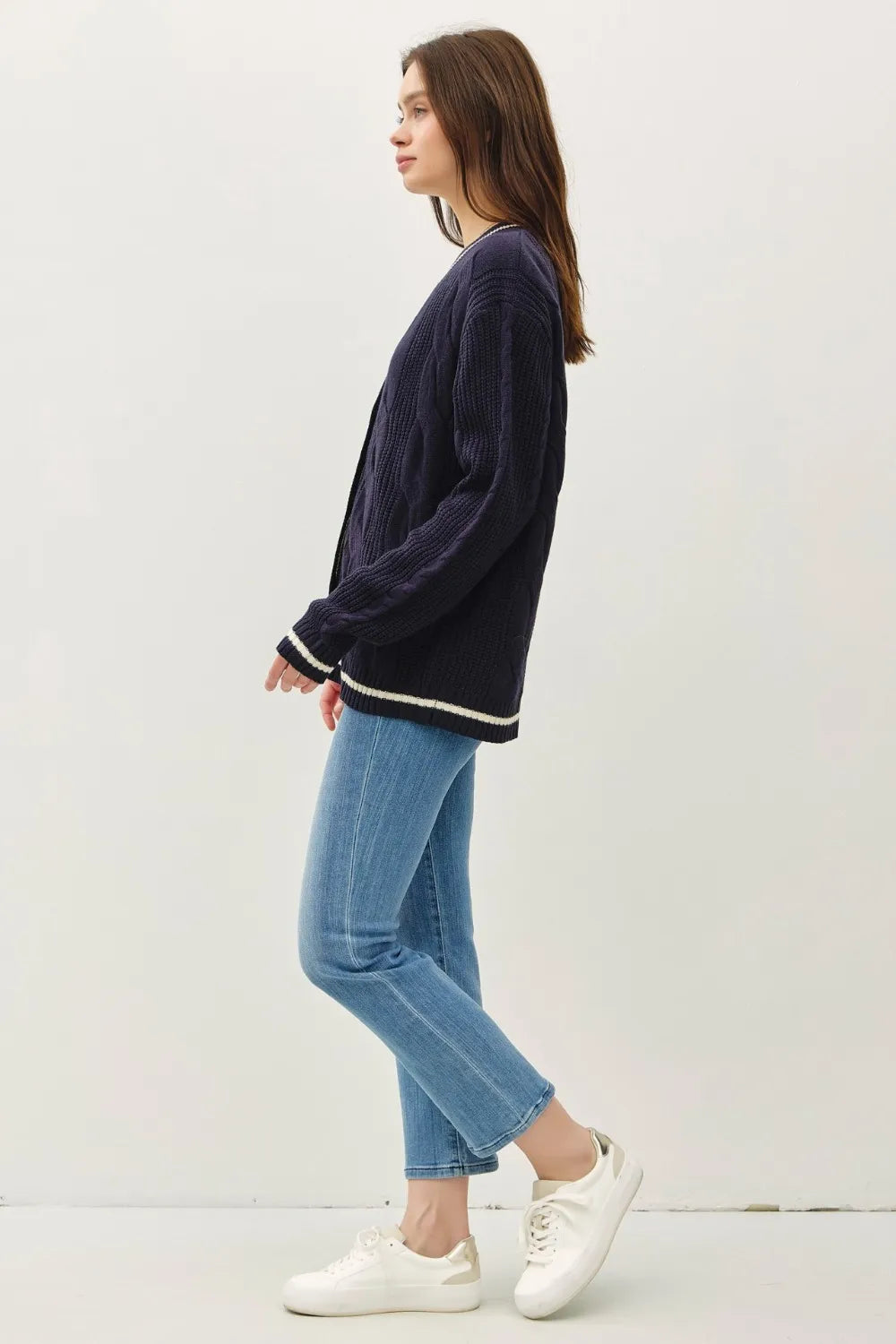 Be Cool Contrast Trim Cable-Knit V-Neck Cardigan - SwagglyLife Home & Fashion