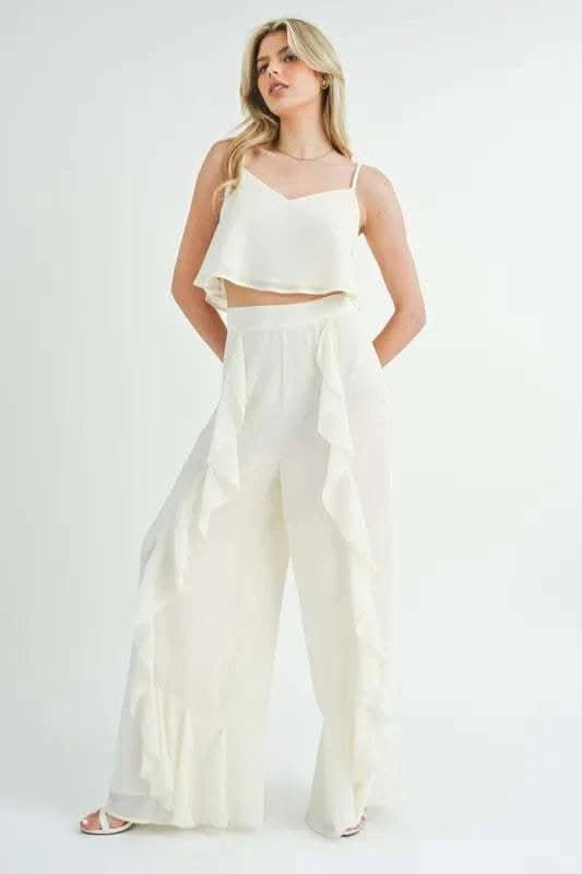 MABLE Crop Cami and Ruffled Wide Leg Pants Set - SwagglyLife Home & Fashion