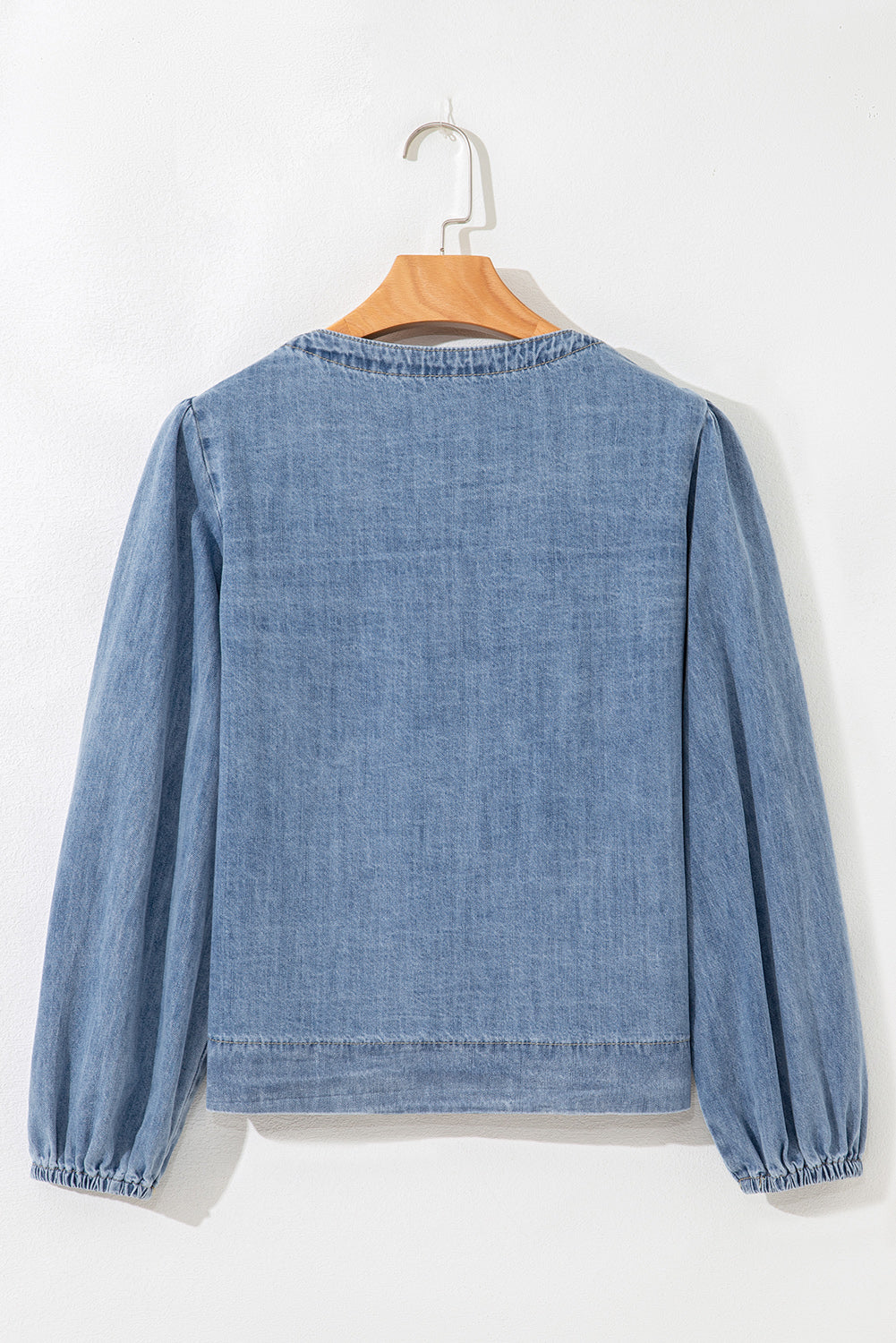 Oakley Tied Front Long Puff Sleeve Denim Top - SwagglyLife Home & Fashion