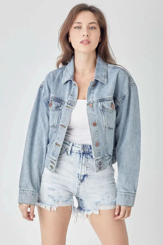 RISEN Full Size Button Down Cropped Denim Jacket in Light - photo