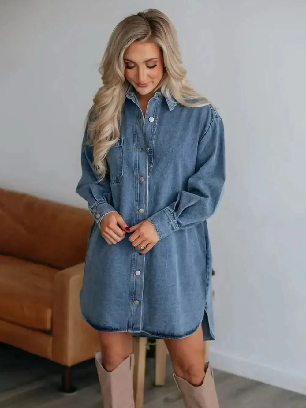 Button Up Collared Neck Long Sleeve Denim Dress - SwagglyLife Home & Fashion