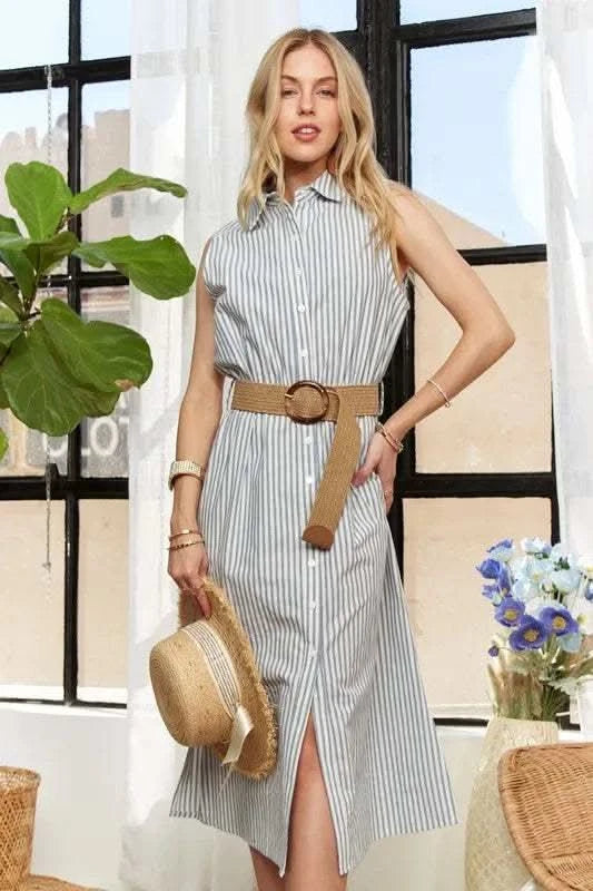 ADORA Striped Button Down Sleeveless Midi Dress in - photo