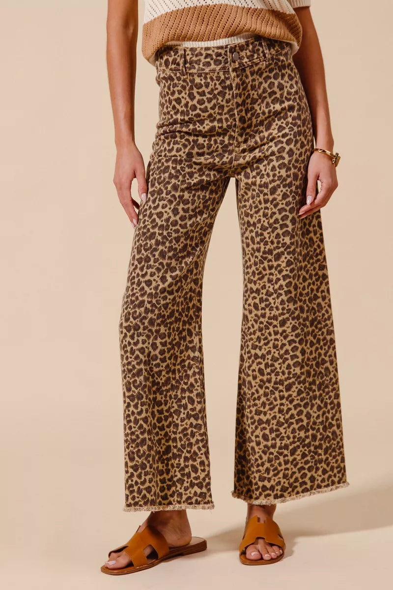 SO ME Mid Rise Leopard Twill Frayed Hem Wide Leg Pants - SwagglyLife Home & Fashion