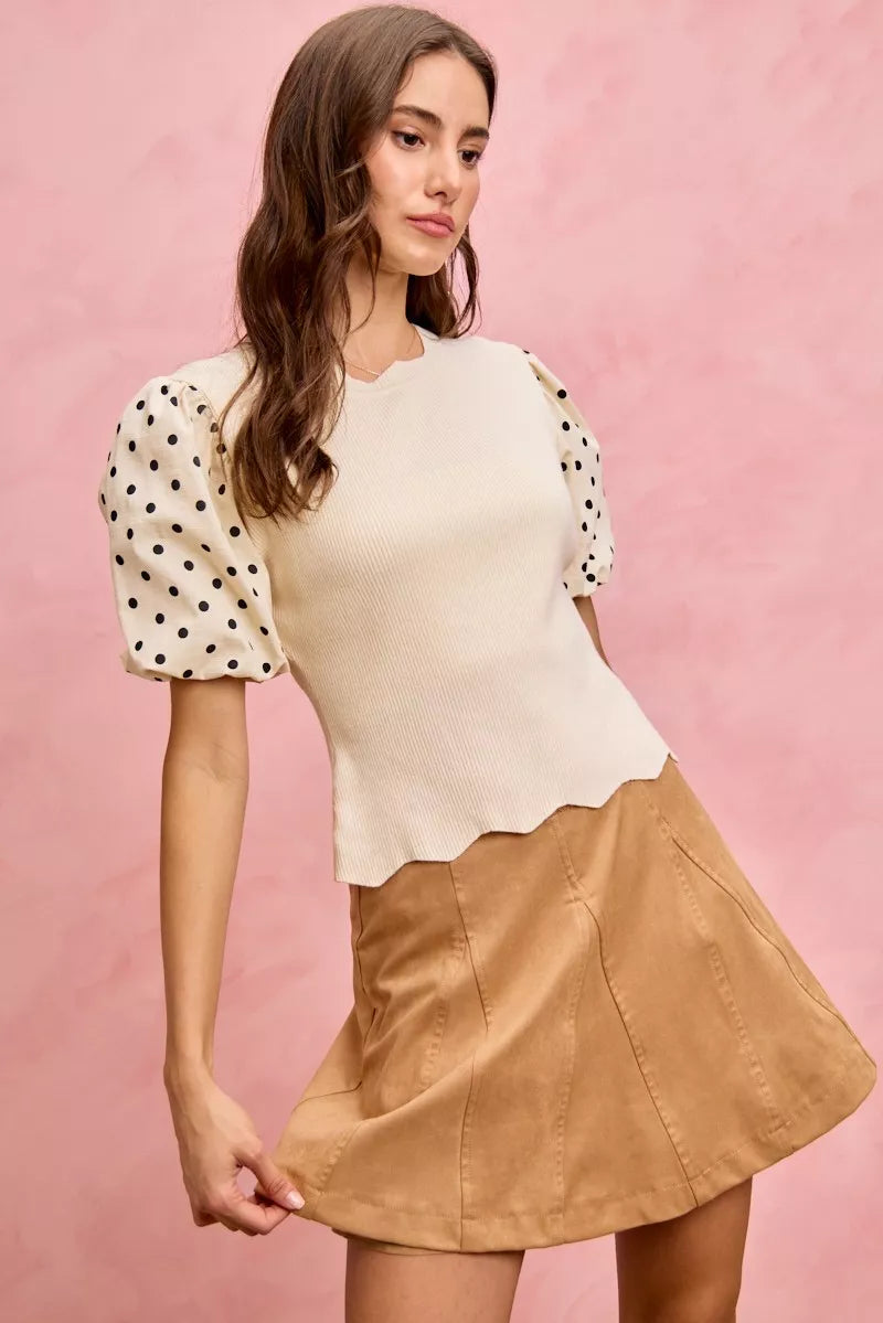 SO ME Polka Dot Contrast Woven Ballon Sleeve Blouse in - photo