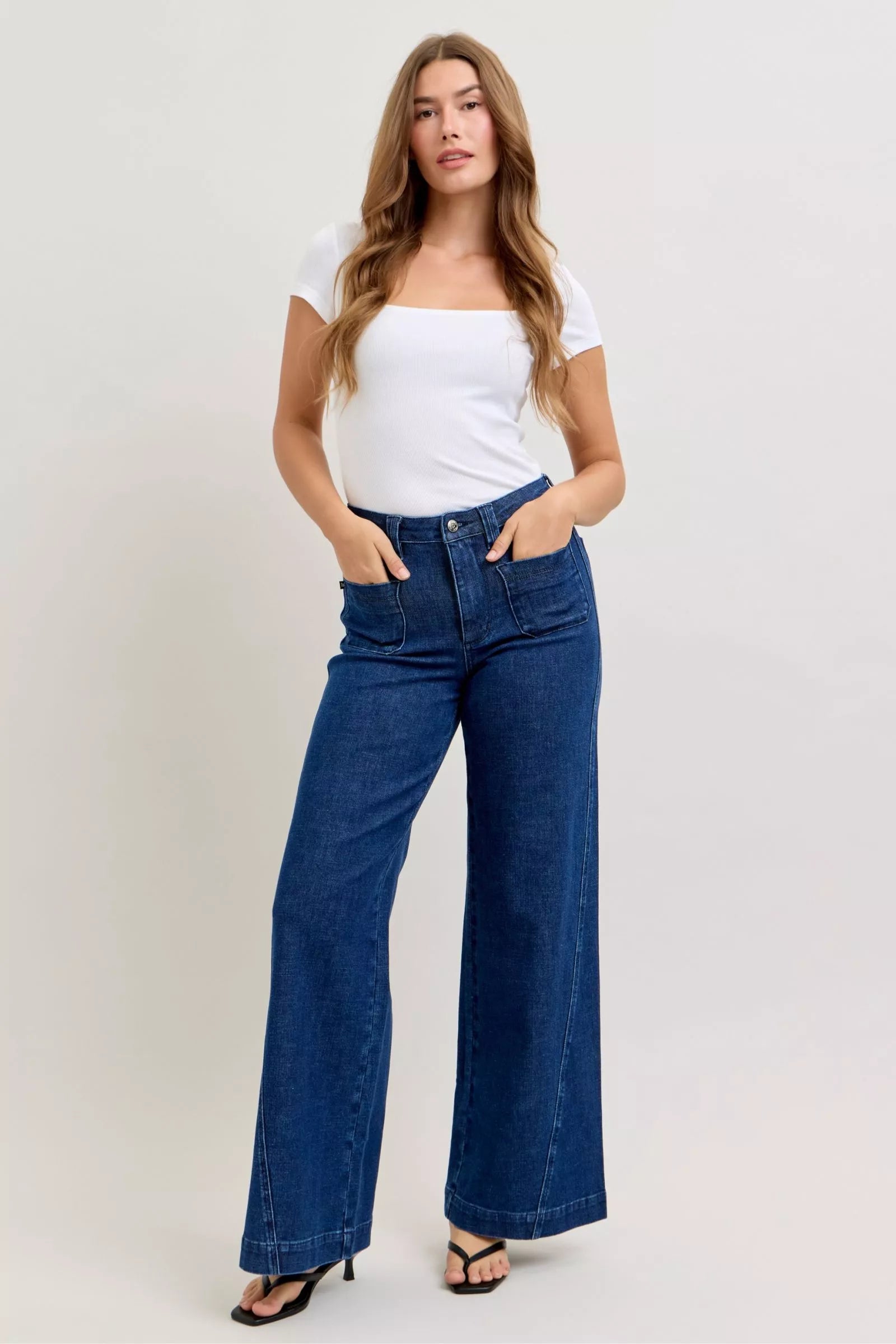 Judy Blue High-Waisted Retro Wide Jeans with Patch Pkts & Twisted Seams in - photo