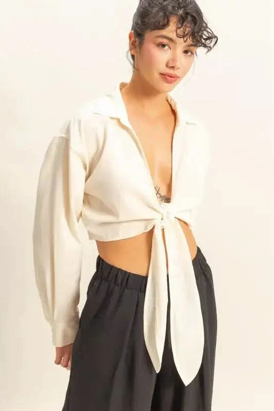 HYFVE Washed Tie Front Crop Top in - photo