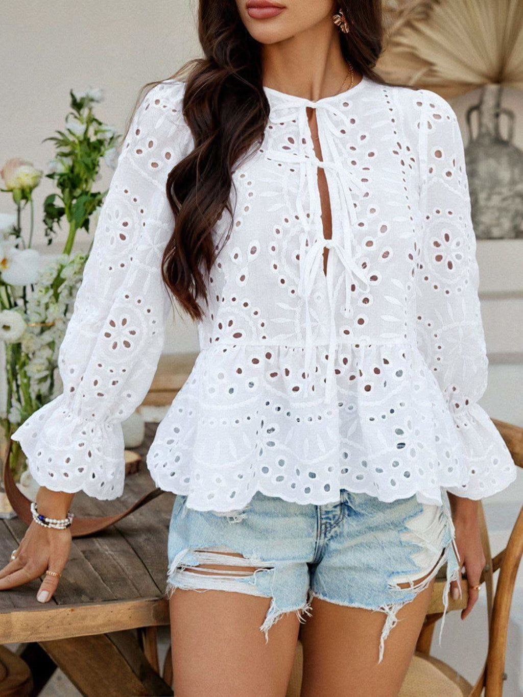 Devine Tie Front Flounce Sleeve Peplum Blouse - SwagglyLife Home & Fashion