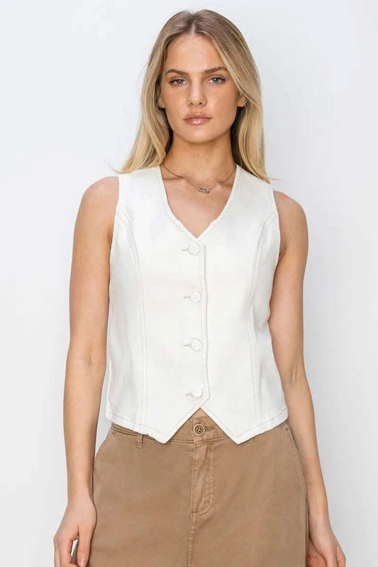 RISEN V Neck Button Down Vest in White - photo