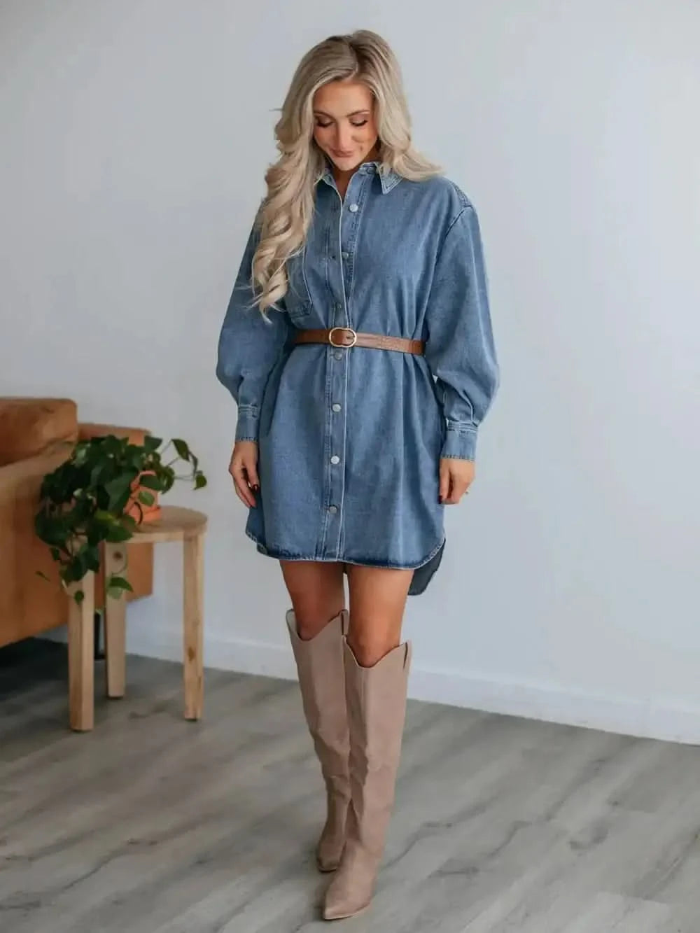 Button Up Collared Neck Long Sleeve Denim Dress - SwagglyLife Home & Fashion