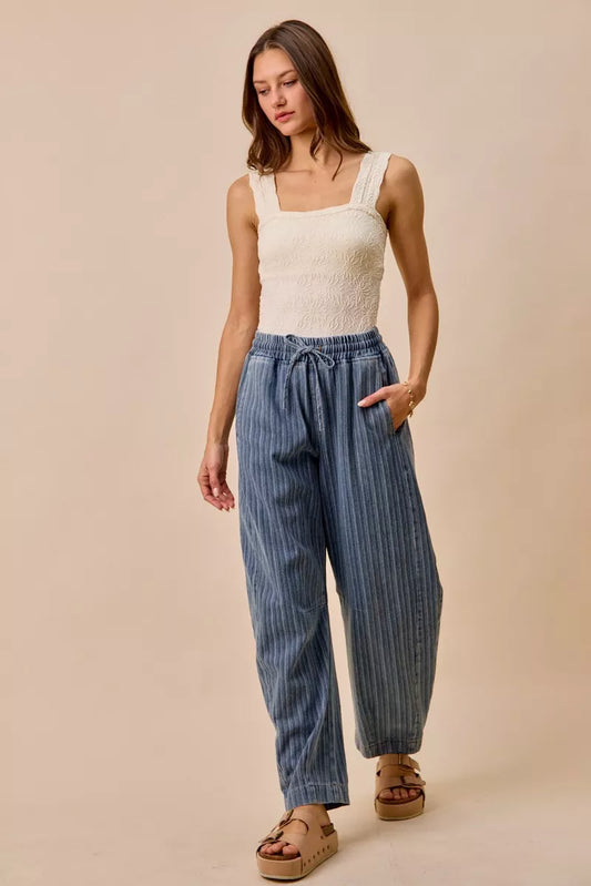 SO ME Stripe Denim Barrel Jeans Drawstring Waistband in - photo