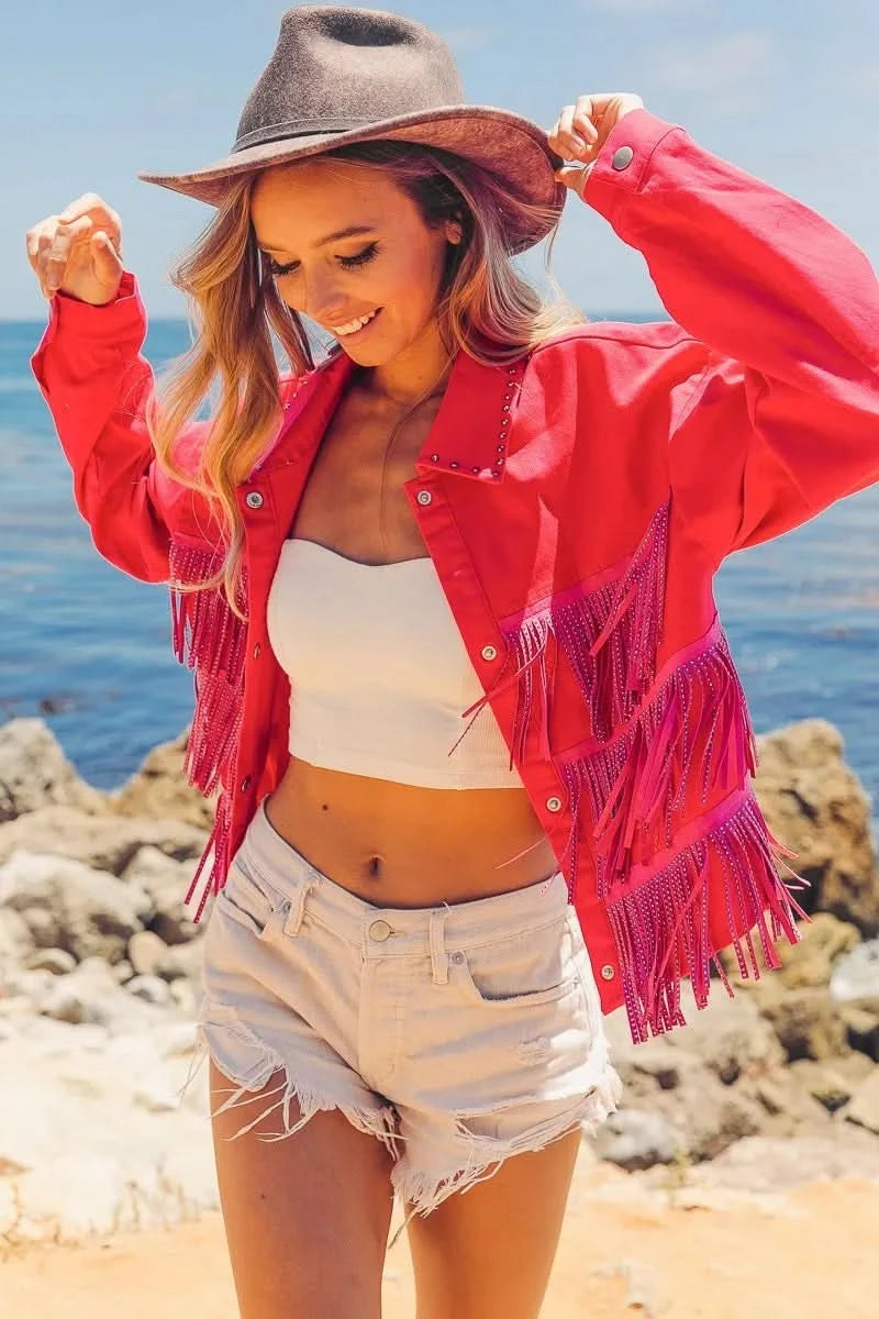 BiBi Rhinestone Fringe with Studed Collar Jacket in - photo
