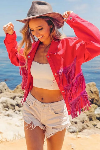 BiBi Rhinestone Fringe with Studed Collar Jacket in - photo
