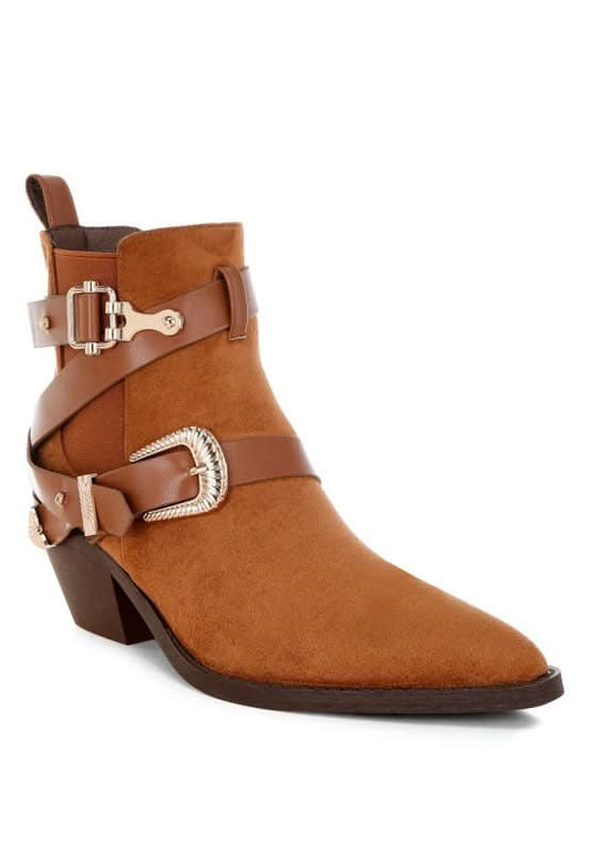 Raveta Microfiber Buckle Strap Western Boots in Tan - photo