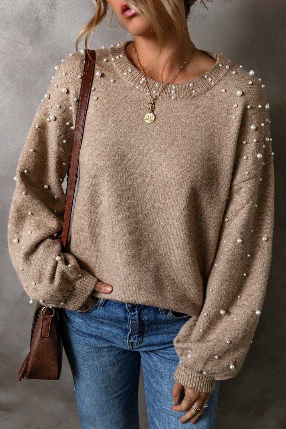 Pearl Detail Round Neck Long Sleeve Sweater - SwagglyLife Home & Fashion