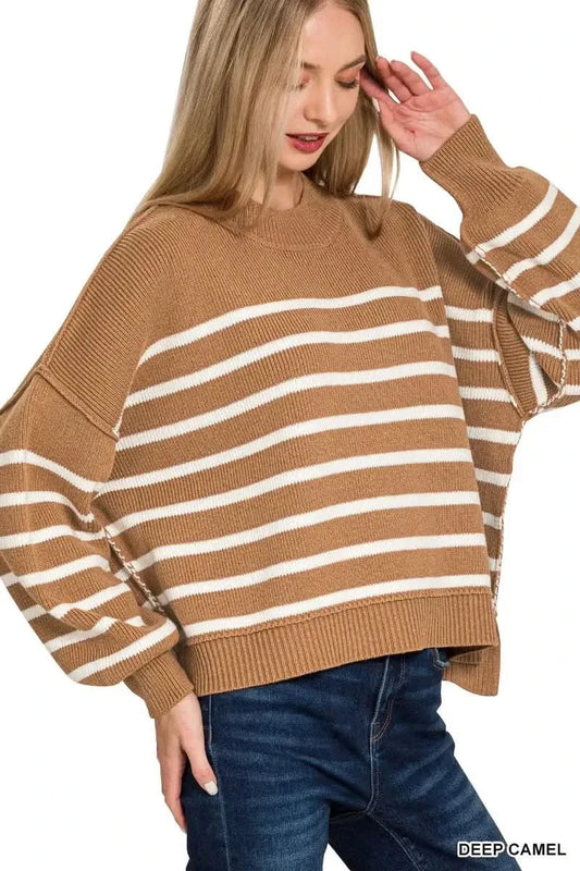 Zenana Exposed Seam Striped Oversized Sweater in - photo