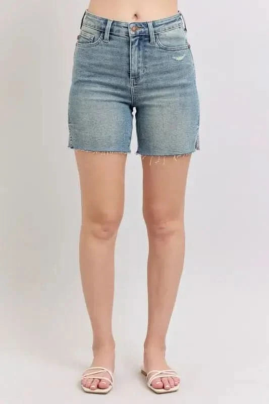 Judy Blue Full Size High Waist Vintage Wash Side Slit Denim Shorts Plus Size in - photo