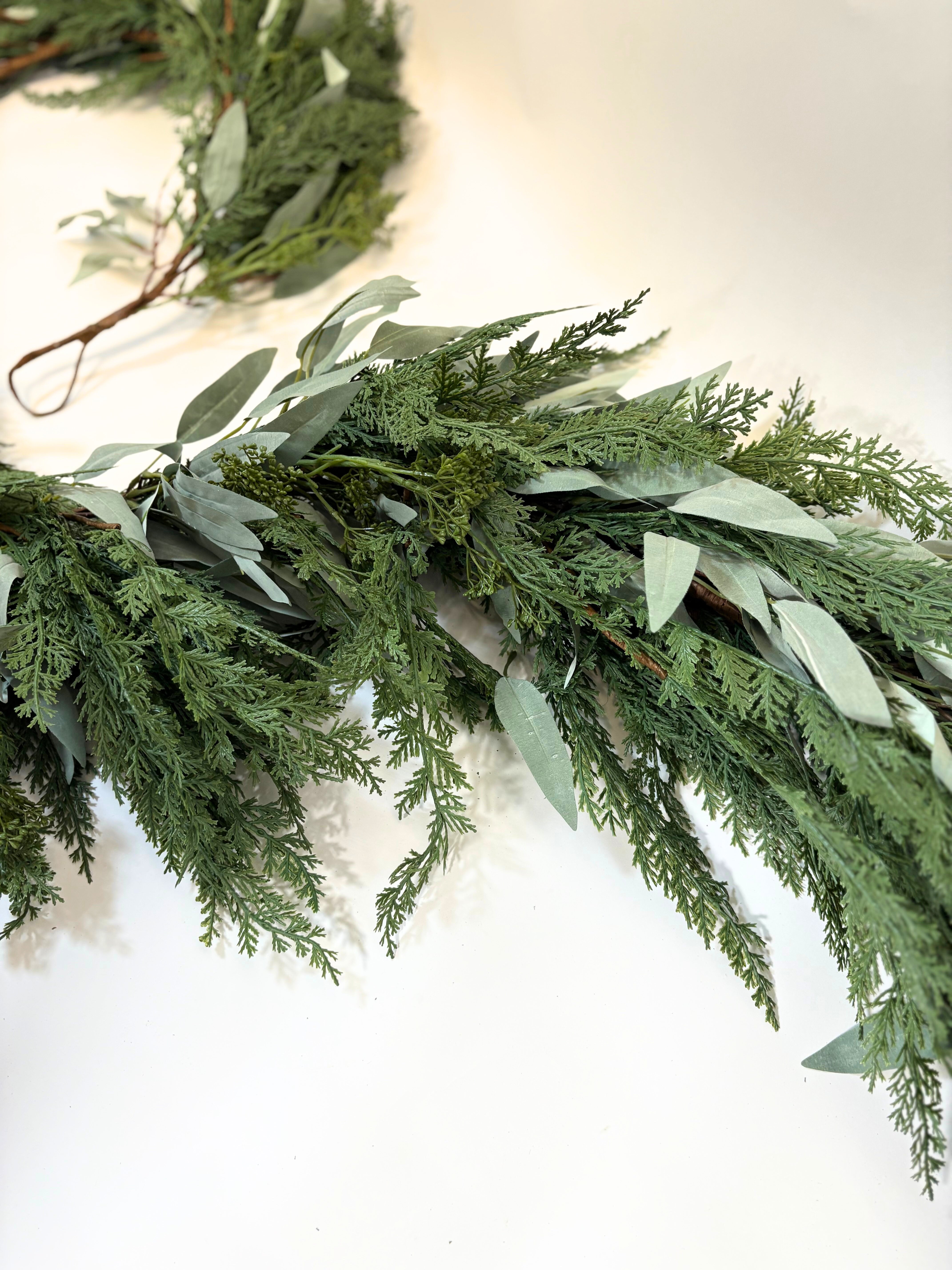 9’ Artificial Real-Touch Cedar and Long Leaf Eucalyptus Garland in - Garland photo