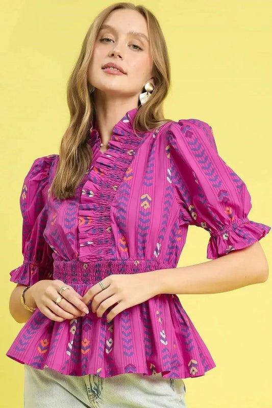 Umgee Printed Half Sleeve Peplum Blouse in - photo