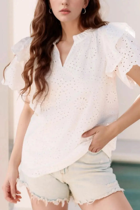 Eyelet Notched Short Sleeve Blouse in - photo