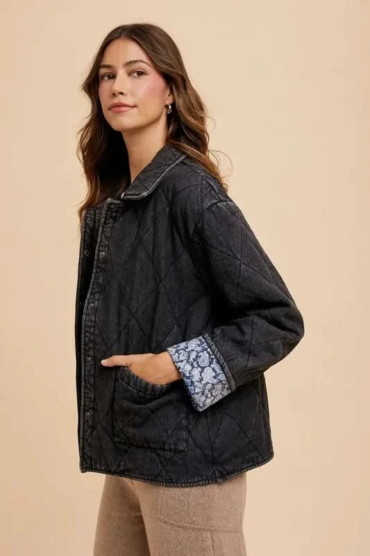Annie Wear Quilted Printed Lining Snap Down Denim Jacket in - photo